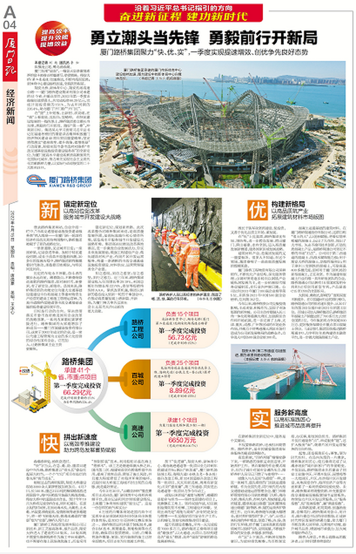 20220415【黨辦】廈門(mén)日報：勇立潮頭當先鋒  勇毅前行開(kāi)新局—— 廈門(mén)路橋集團聚力“快、優(yōu)、實(shí)”，一季度實(shí)現提速增效、創(chuàng  )優(yōu)爭先良好態(tài)勢_調整大小.png